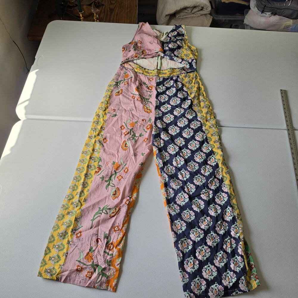 Anthropologie Jumpsuit Womens XL Multicolor Patchwork Floral Cutout Wide Leg